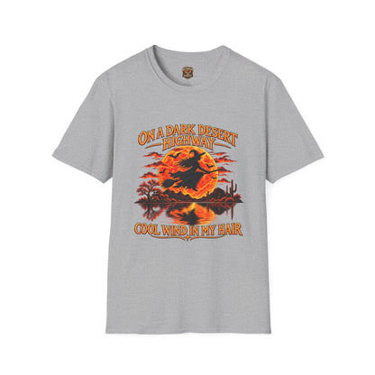 On a Dark Desert Highway graphic T-Shirt | Retro Halloween sunset desert scene