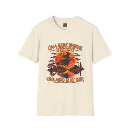 On a Dark Desert Highway graphic T-Shirt | Retro Halloween sunset desert scene