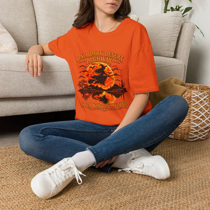 On a Dark Desert Highway graphic T-Shirt | Retro Halloween sunset desert scene