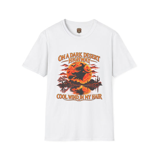 On a Dark Desert Highway graphic T-Shirt | Retro Halloween sunset desert scene
