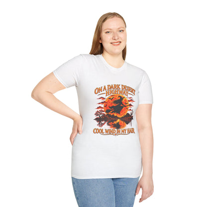 On a Dark Desert Highway graphic T-Shirt | Retro Halloween sunset desert scene