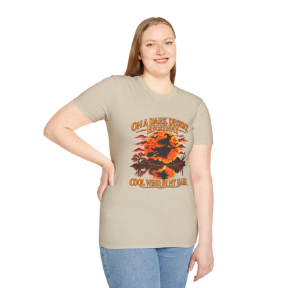 On a Dark Desert Highway graphic T-Shirt | Retro Halloween sunset desert scene