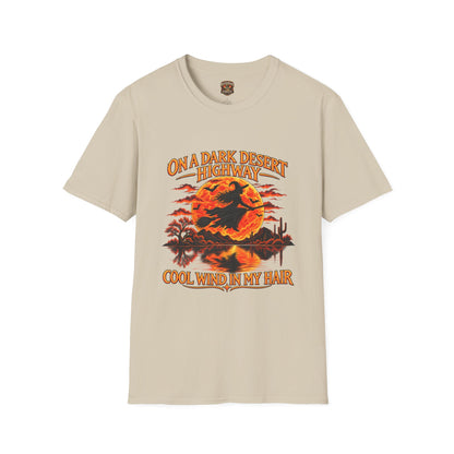 On a Dark Desert Highway graphic T-Shirt | Retro Halloween sunset desert scene