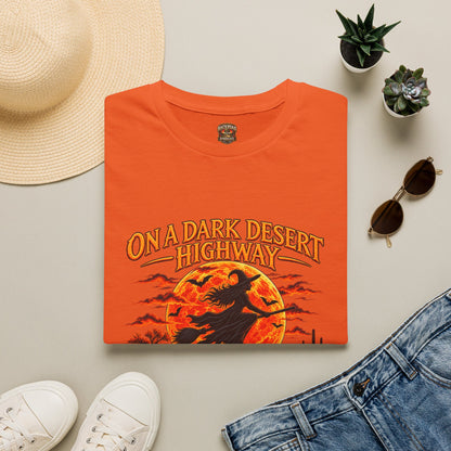 On a Dark Desert Highway graphic T-Shirt | Retro Halloween sunset desert scene