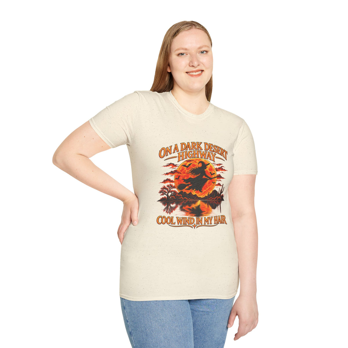 On a Dark Desert Highway graphic T-Shirt | Retro Halloween sunset desert scene