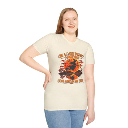 On a Dark Desert Highway graphic T-Shirt | Retro Halloween sunset desert scene