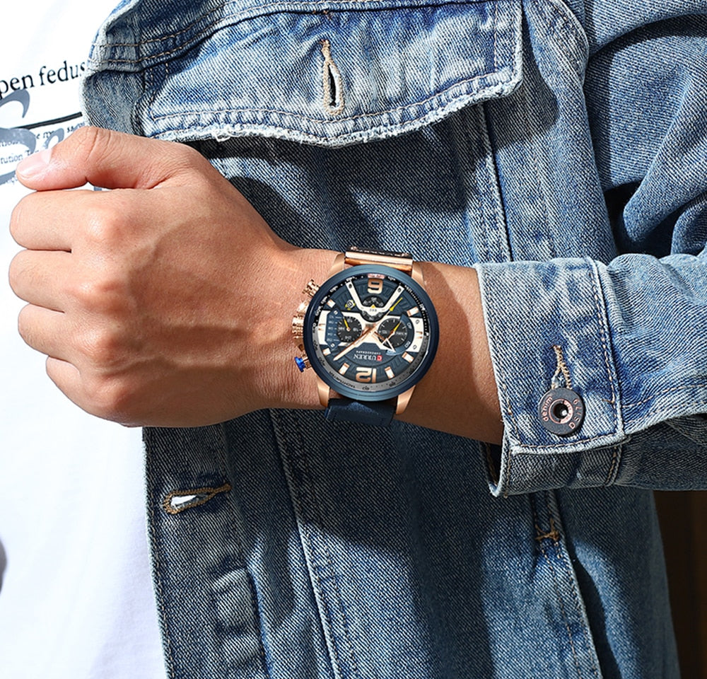 Military Leather Chronograph Wristwatch - 