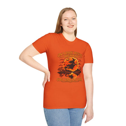 On a Dark Desert Highway graphic T-Shirt | Retro Halloween sunset desert scene