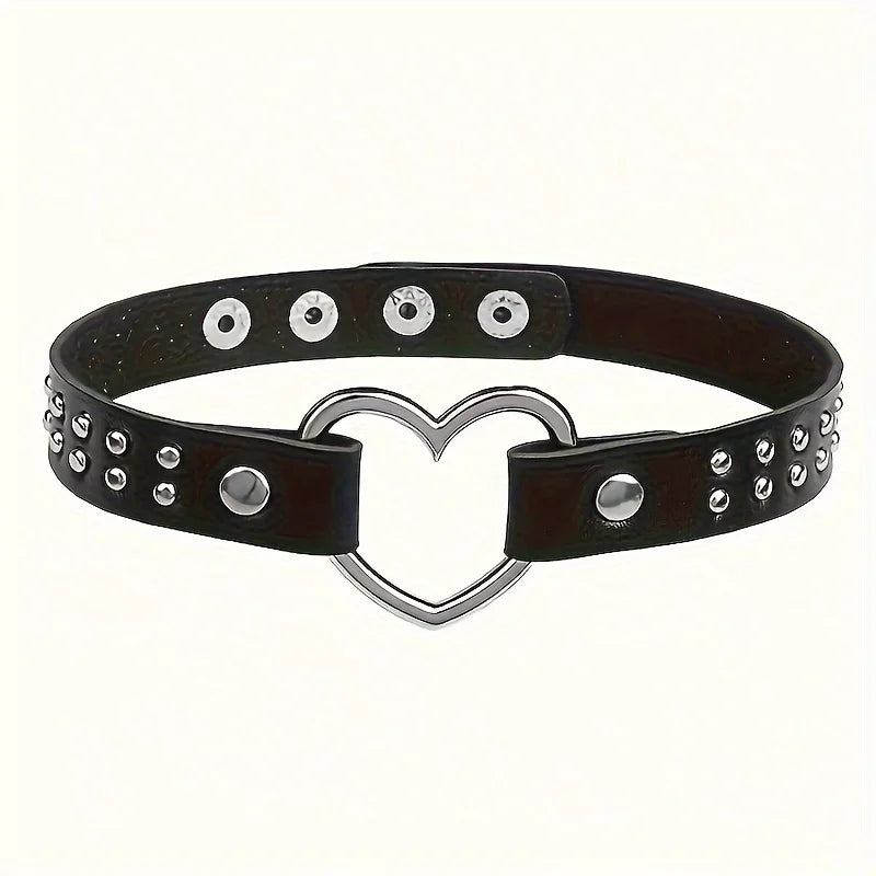 Y2K Punk Gothic Heart Stud PU Leather Choker Necklace for Women - Sexy No Plating Daily Wear Jewelry