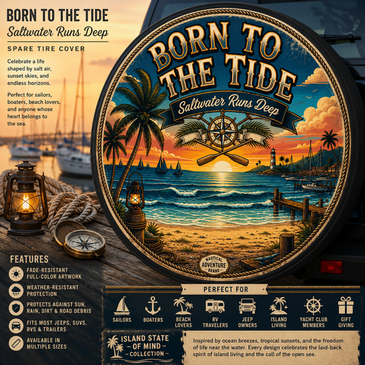 Born to the Tide – Saltwater Runs Deep Spare Tire Cover With Backup Camera Hole