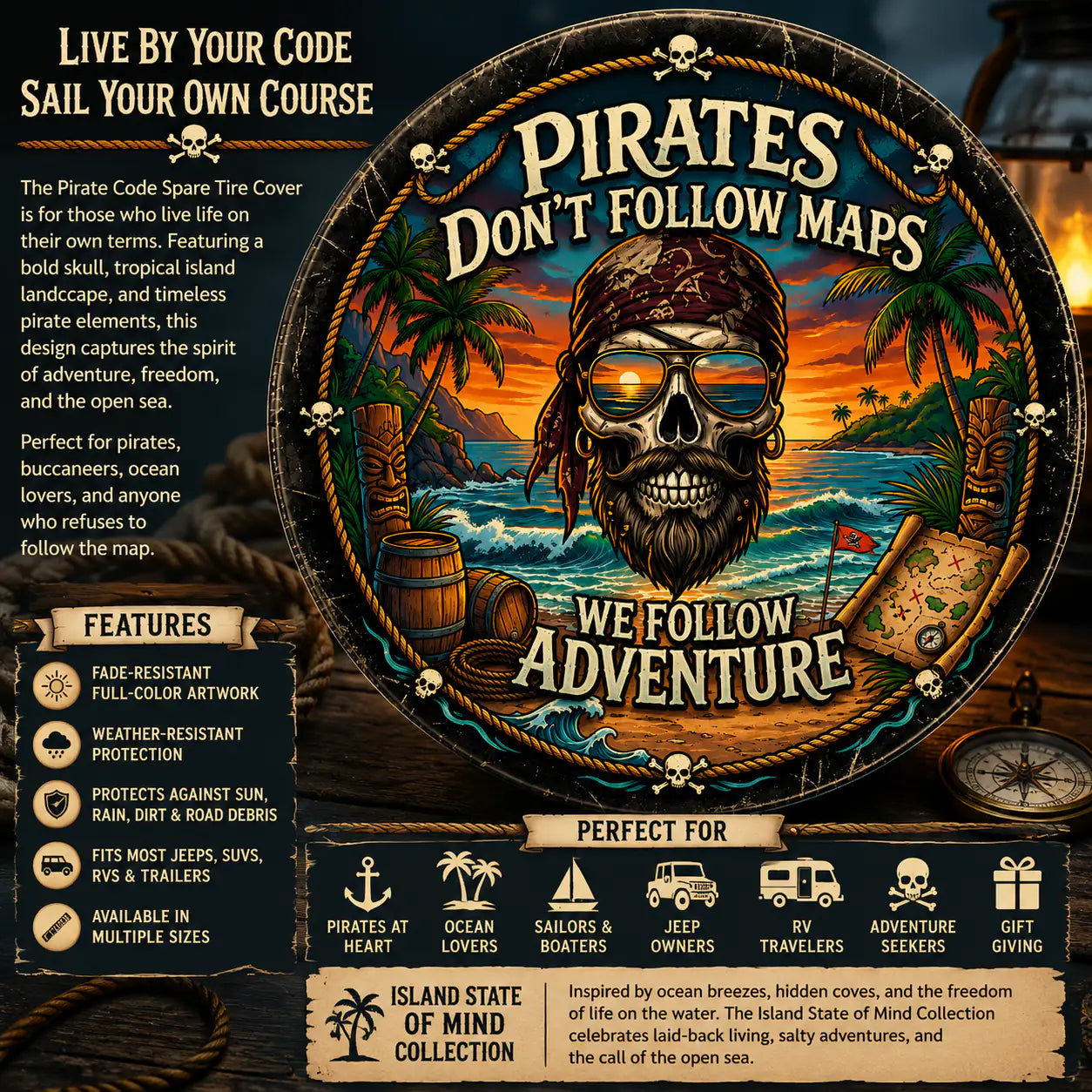 Pirates Don't Follow Maps Spare Tire Cover with Camera Hole