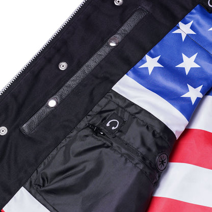 Mens's Leather Motorcycle Vest with Scoop Collar & USA Flag