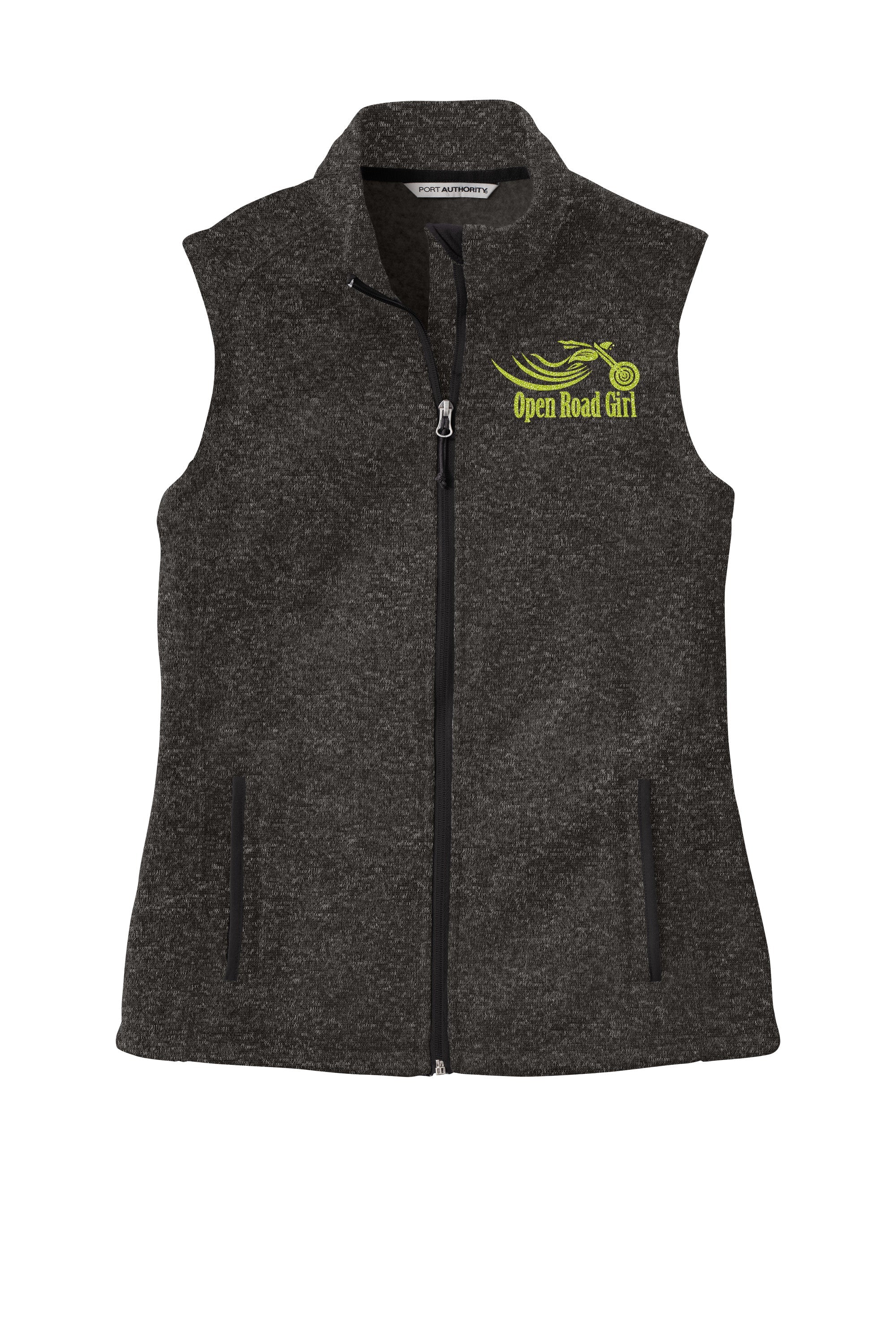 BLACK HEATHER Open Road Girl Sweater Fleece Vest- Choose your logo COLOR!