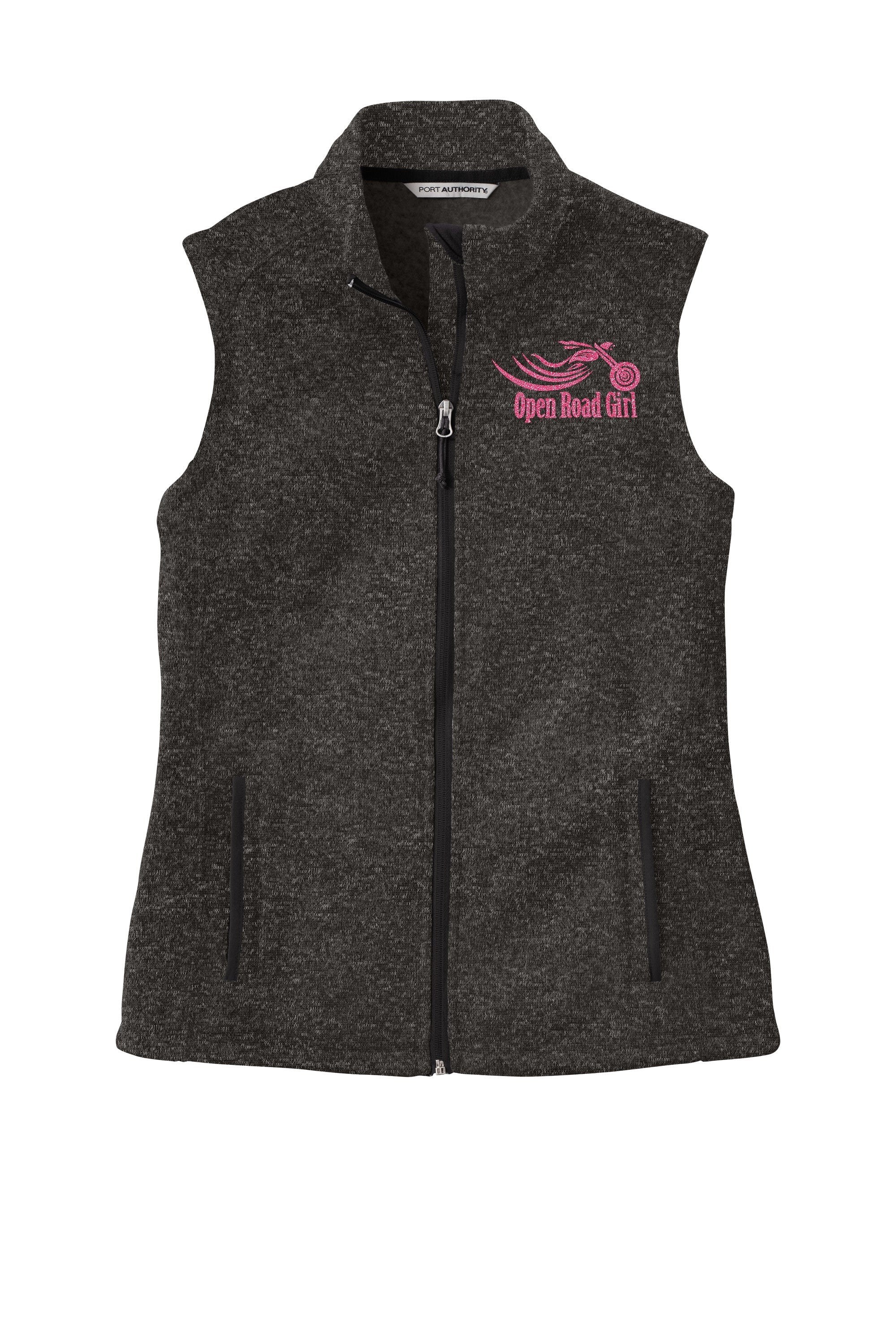BLACK HEATHER Open Road Girl Sweater Fleece Vest- Choose your logo COLOR!