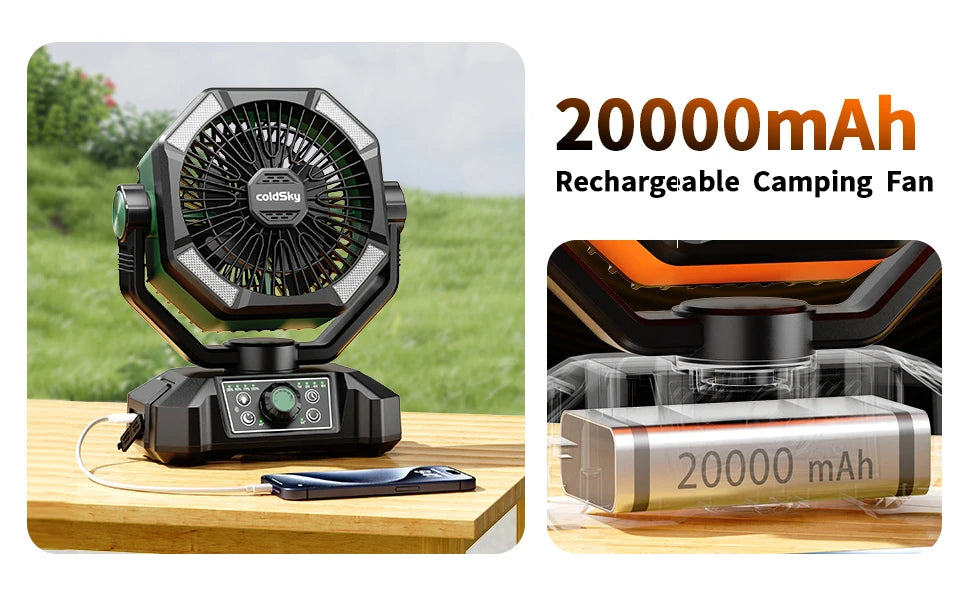coldSky Camping Fan with 4 LED Lantern 8 Speeds Desk Fan 20000mAh Battery Portable Outdoor Fan for Outdoor Camping and Fishing