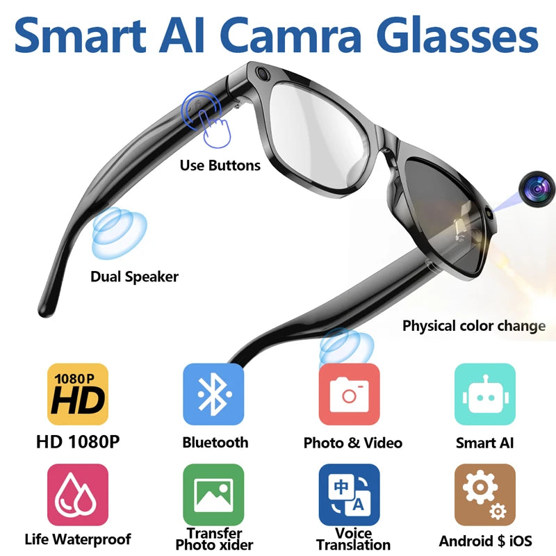 4K AI Smart Photochromic Glasses Multifunction Camera Bluetooth Call Voice Assistant Music Player Translate Glasses For Xiaomi    qykyai-sq.myshopify.com