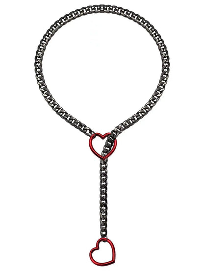 Adjustable Stainless Steel Cuban Link Necklace With Heart-shaped O-ring - Punk Rock Style Nice For Daily And Party Wear
