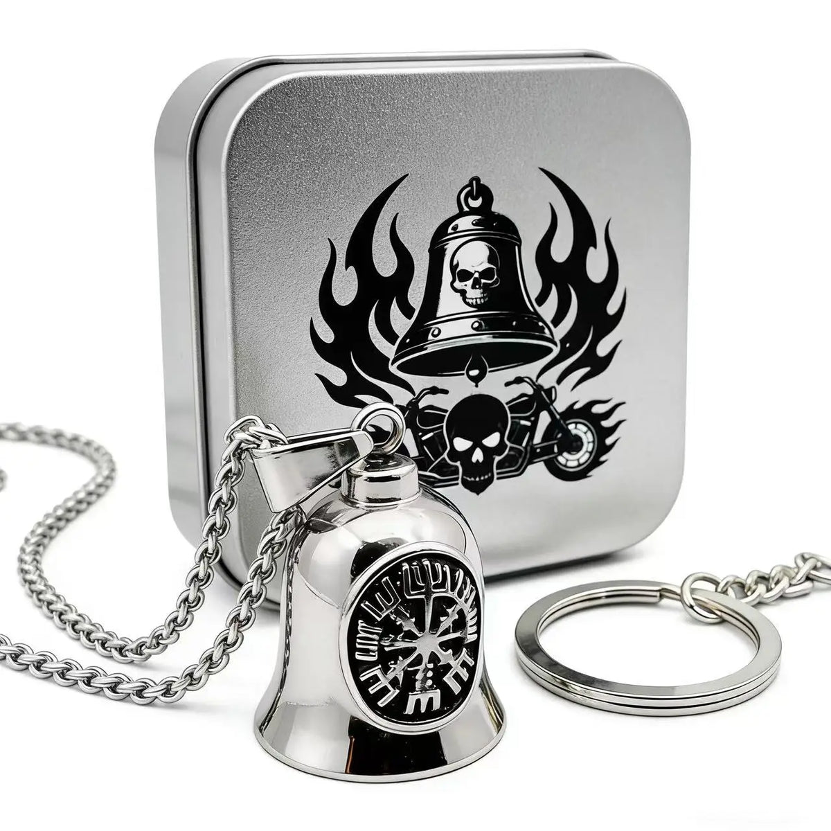 HNSP 316L Stainless Steel Gremlin Bell Biker Guardian Bell for Motorcycle, Luck Protection Pendant Men Gift Box Set