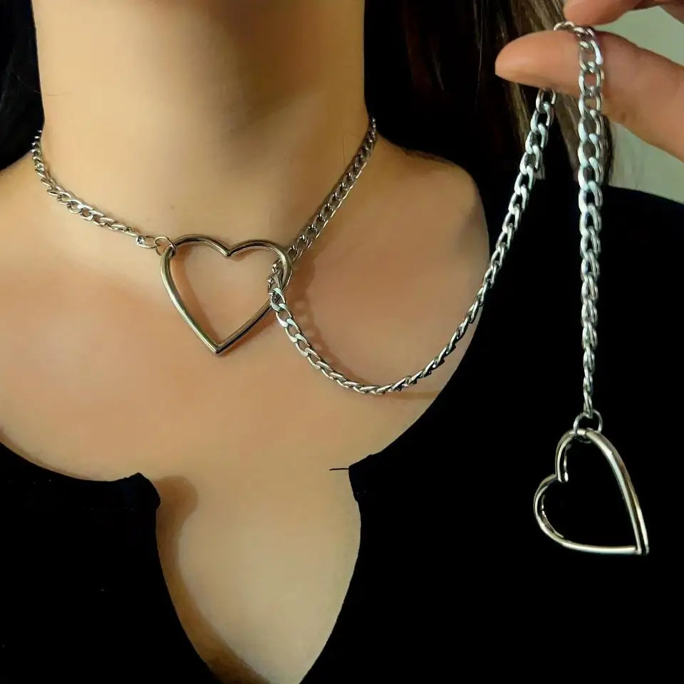 Adjustable Stainless Steel Cuban Link Necklace With Heart-shaped O-ring - Punk Rock Style Nice For Daily And Party Wear