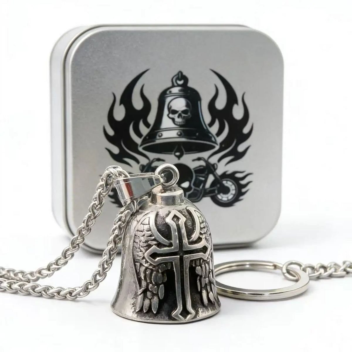 HNSP 316L Stainless Steel Gremlin Bell Biker Guardian Bell for Motorcycle, Luck Protection Pendant Men Gift Box Set