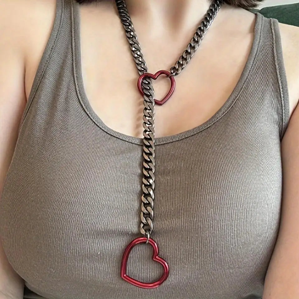 Adjustable Stainless Steel Cuban Link Necklace With Heart-shaped O-ring - Punk Rock Style Nice For Daily And Party Wear