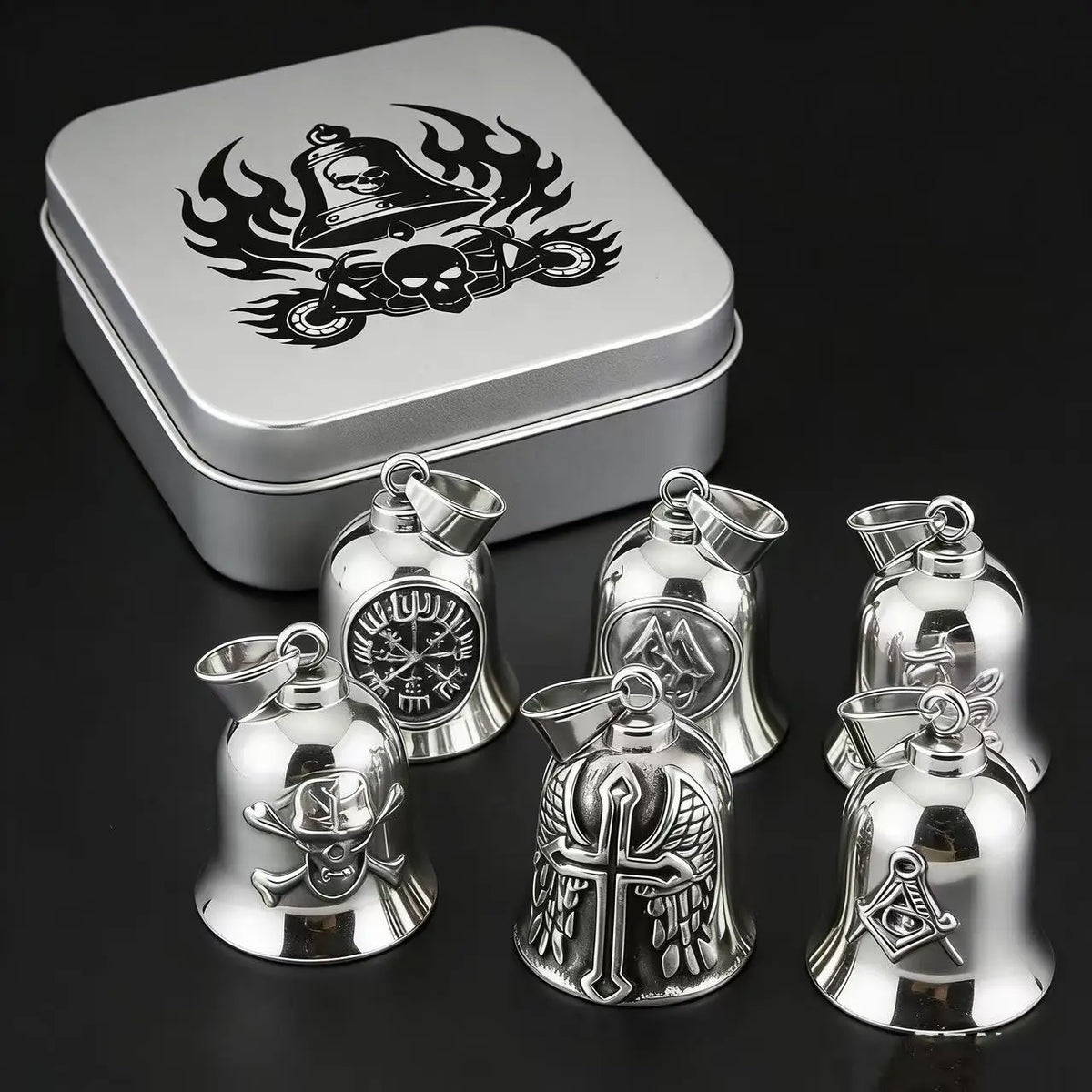 HNSP 316L Stainless Steel Gremlin Bell Biker Guardian Bell for Motorcycle, Luck Protection Pendant Men Gift Box Set