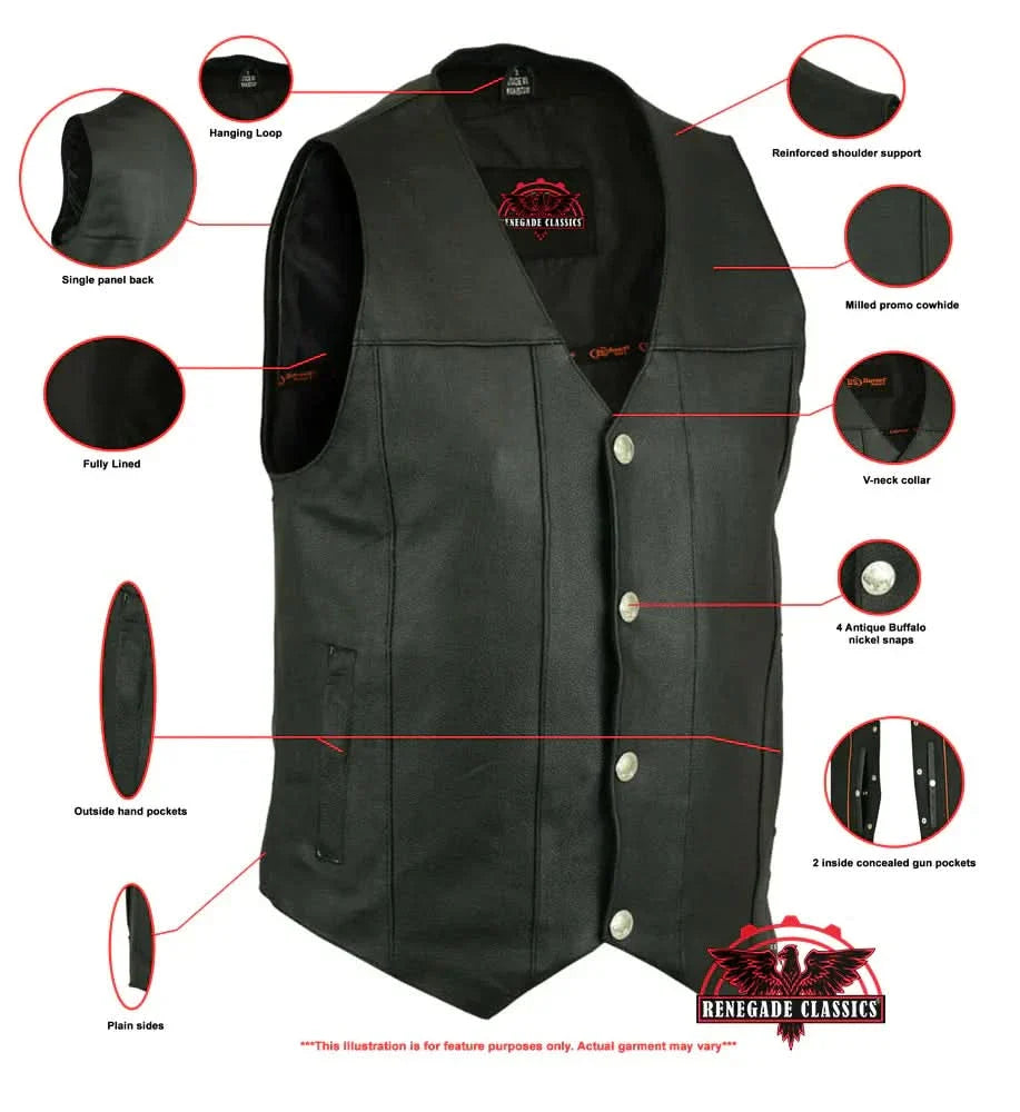 Men's Milled Single Back Panel Leather  Vest - Black