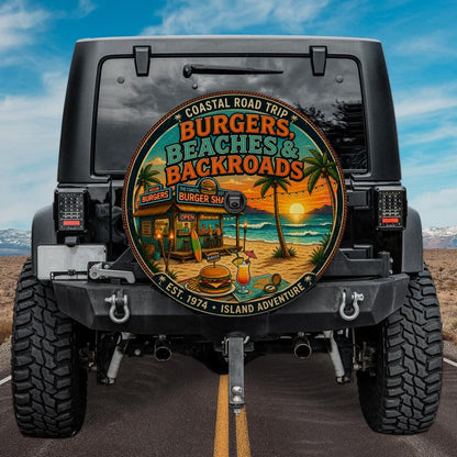 Burgers, Beaches & Backroads Spare Tire Cover with Camera Hole