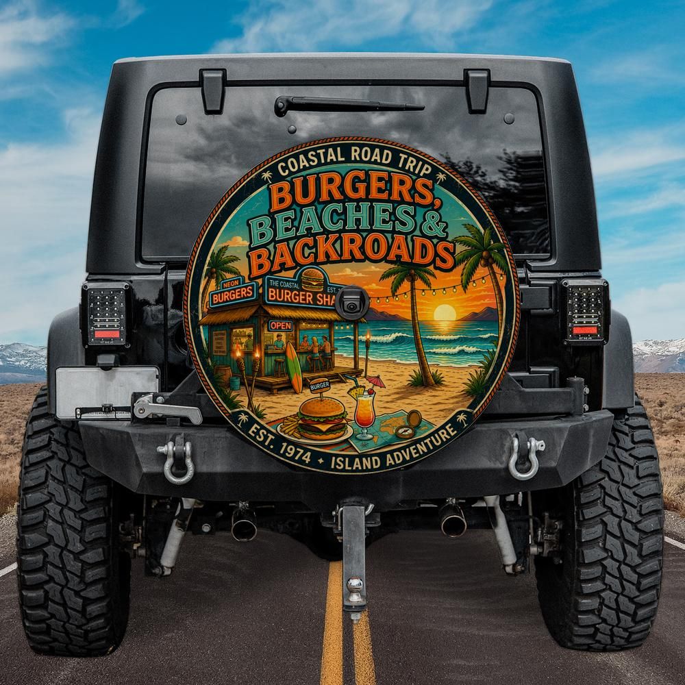 Burgers, Beaches & Backroads Spare Tire Cover with Camera Hole