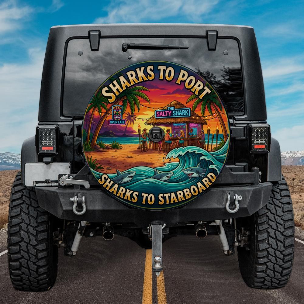 Sharks to Port, Sharks to Starboard Tropical Beach Bar Spare Tire Cover with Camera Hole