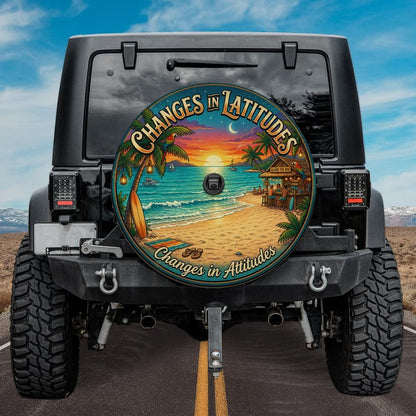 Changes in Latitudes Changes in Attitudes Spare Tire Cover | Tropical Beach Paradise Design With Backup Camera Hole